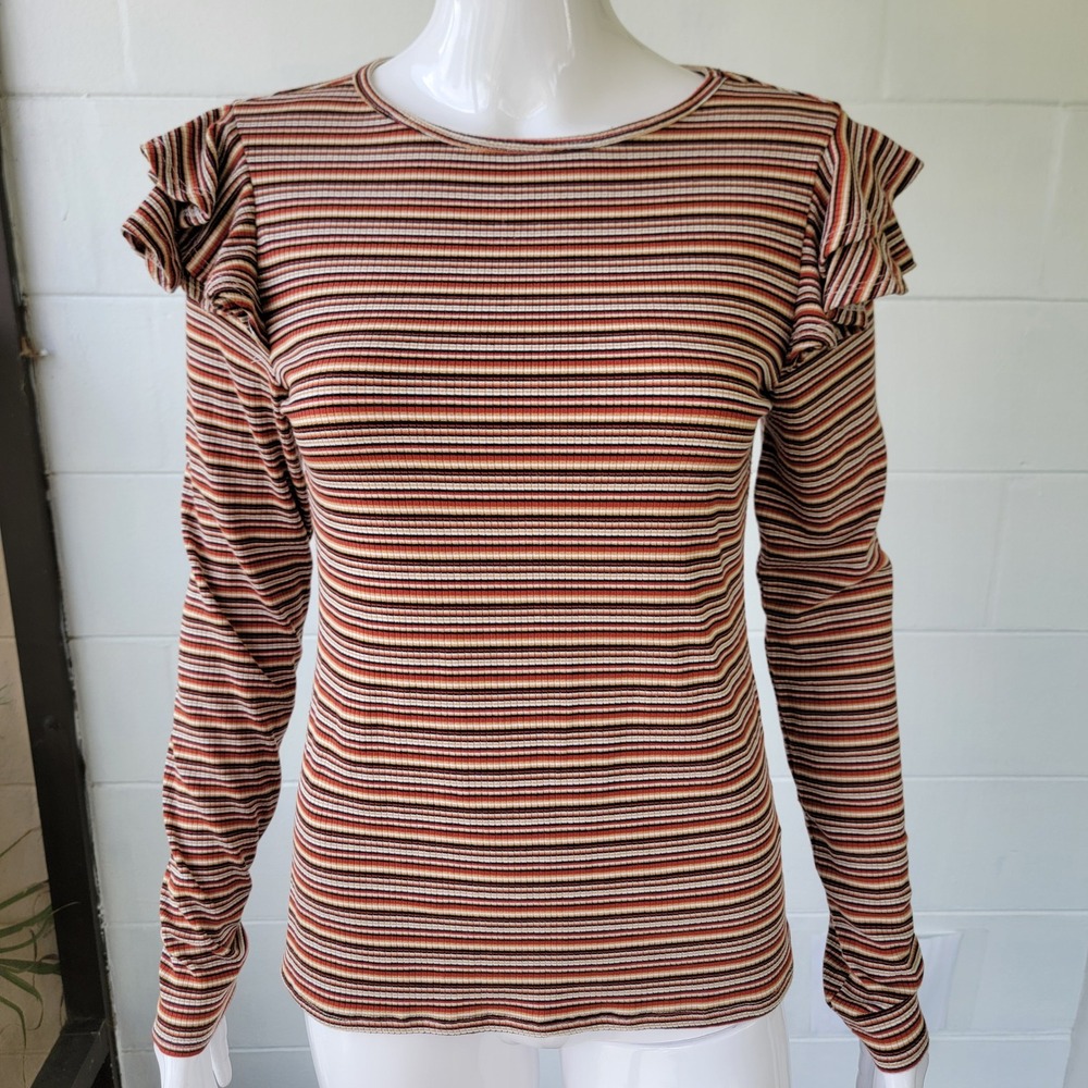 Wrangler Retro Ruffle Shoulder Striped Top Orange Brown Women's S Cowgirl Casual